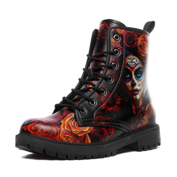 La Catrina Sugar Skull Portrait Combat Boots - Blue Eyed Day of the Dead Shoes 058-6-25009040-8