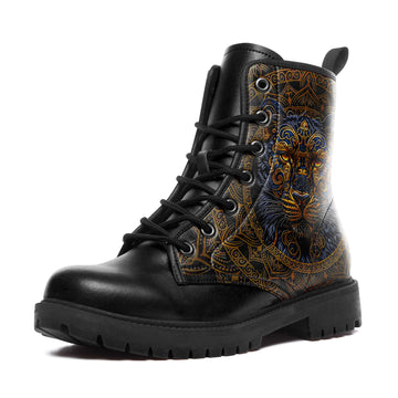 Golden Mandala Lion Head Combat Boots - Spiritual Blue & Gold Shoes BOOTS-25027107-2