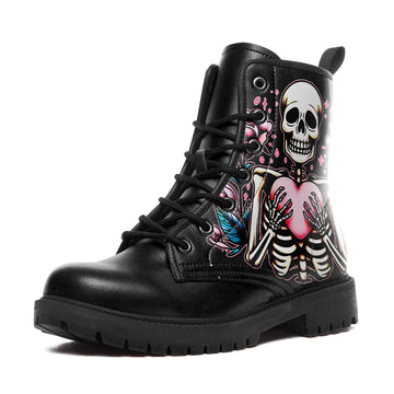Skeleton Hugging Pink Heart Combat Boots - Neo Traditional Tattoo Art Shoes BOOTS-24023007-10