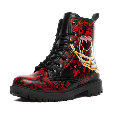 Skeleton Hand Holding Bleeding Heart Combat Boots - Gothic Red Rose Pattern BOOTS-24023007-2