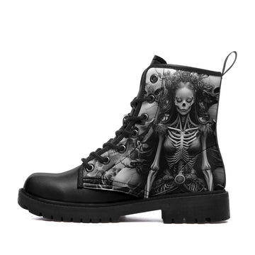 Skeleton Queen with Floral Crown Combat Boots - Monochrome Gothic Art Shoes BOOTS-240270014