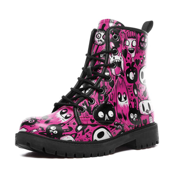 Hot Pink Doodle Monster Combat Boots - Quirky Sketch Art Shoes 058-6-25009075-3