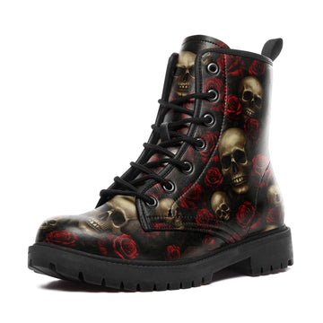 Gothic Skull & Red Roses All-Over Print Combat Boots - Victorian Floral Shoes 058-6-25009073-6
