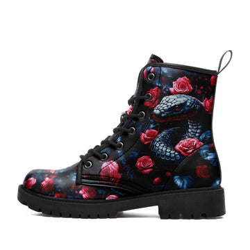 Toponepod Black Combat Boots with Red Roses and Snake Design Print | Gothic Floral Lace-Up Boots  | BOOTS-25027041-8