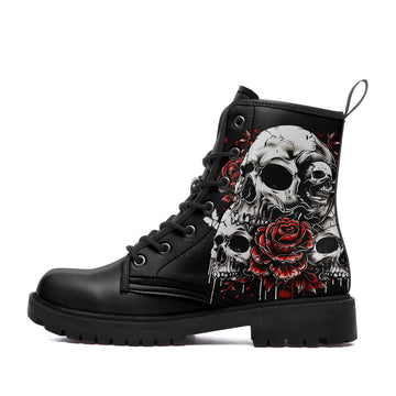 Tattoo Style Skull Cluster & Red Roses Combat Boots - Grunge Graphic Shoes BOOTS-24023001-3