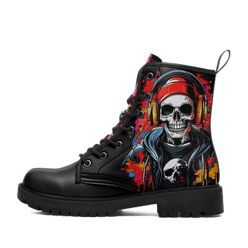Colorful Graffiti Skull with Headphones Combat Boots - Music Lover DJ Shoes BOOTS-24027006