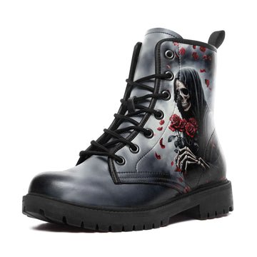 Grim Reaper in Grey Mist with Red Roses Combat Boots - Dark Fantasy Shoes 058-6-25009073-7