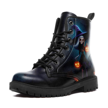 Cute Witch Skeleton with Glowing Pumpkins Combat Boots - Halloween Graphic Shoes 058-6-25009051-5