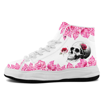 White Chunky Platform High-Top Sneakers with Pink Floral Skull Artwork - FN039A-26006303-8w