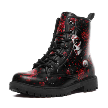 La Catrina Side Profile & Red Roses Combat Boots - Chicano Tattoo Art Shoes 058-6-25009040-9