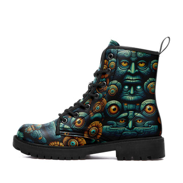 Ancient Mayan Stone Mask Combat Boots - Turquoise Aztec Pattern Shoes BOOTS-25027041-6