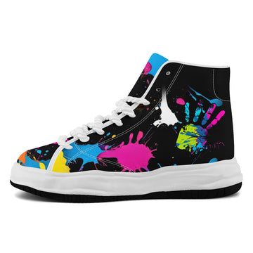 Black Chunky Platform High-Top Sneakers with Neon Handprint Splatter Art - FN039A-26006303-4w