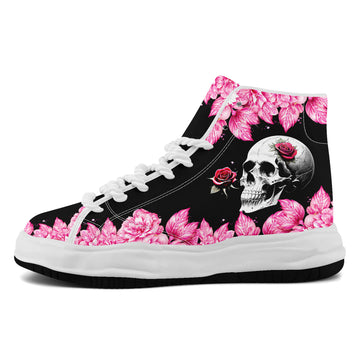 Black Chunky Platform High-Top Sneakers with Pink Floral Skull Artwork - FN039A-26006303-7w