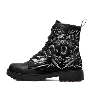 Roaring Leopard & Claw Marks Combat Boots - Monochrome Animal Print Shoes BOOTS-25027041-5