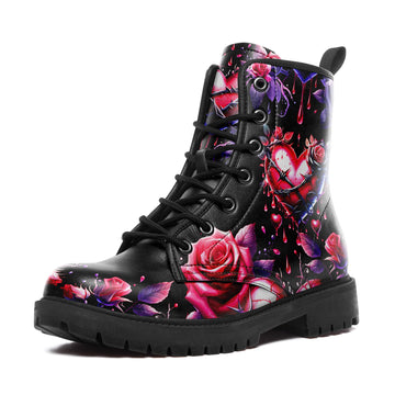 Gothic Bleeding Heart & Barbed Wire Combat Boots - Purple Rose Thorn Shoes BOOTS-24023007-7