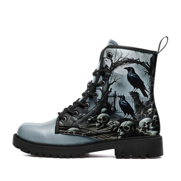 Toponepod Black Raven and Skull Combat Boots | Gothic Haunted Graveyard Art Print Boots | BOOTS-25027041-4
