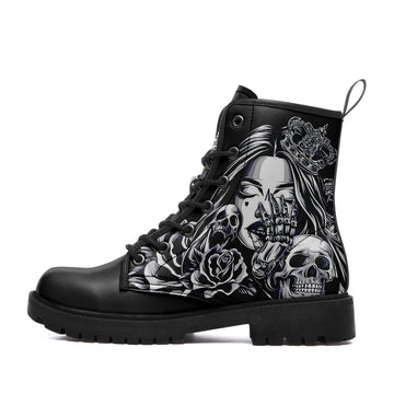Chicano Tattoo Style Queen & Skeleton Hand Combat Boots - Crowned Girl Art BOOTS-25027041-1