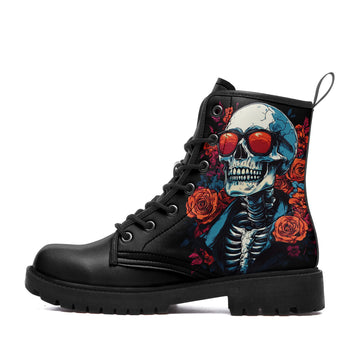 Cool Skeleton Wearing Red Sunglasses Combat Boots - Rocker Floral Shoes BOOTS-24027008