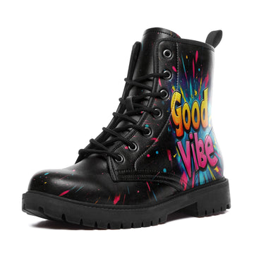 Good Vibe Graffiti Text Combat Boots - Colorful Neon Paint Splatter Shoes 058-6-25009075-6