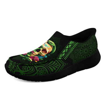 Toponepod Floral Skull Slip On Shoes | Green Gothic Snake art Alternative Fashion Sneakers for Cosplay, Halloween Gift | FN067-25028032-3