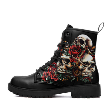 Neo-Traditional Tattoo Skull & Dagger Combat Boots - Snake Rose Biker Shoes BOOTS-24027003