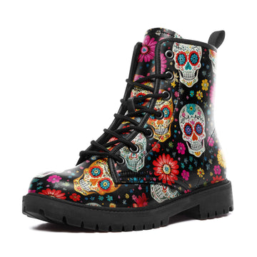 Colorful Sugar Skull & Flower Pattern Combat Boots - Mexican Folk Art Shoes 058-6-25009040-2