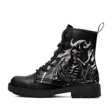 Toponepod Black Demon Skull Combat Boots | Gothic Horned Reaper Boots with Red Eyes | BOOTS-25027041-7