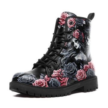 Tattoo Style Sugar Skull Girl & Roses Combat Boots - Chicano Art La Catrina Shoes BOOTS-24023007-6