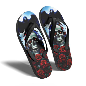 Toponepod Skull Raven Flip Flops | Custom Red Rose Gothic Sandals with American Flag & Dark Skull Art | FN058-25023046-6