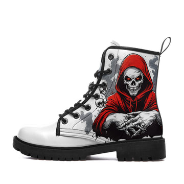 White Combat Boots with Red Hooded Skeleton - Urban Reaper Streetwear Shoes BOOTS-24027007