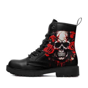 Gothic Cracked Skull & Red Roses Combat Boots - Bleeding Effect Biker Shoes BOOTS-24023002-1
