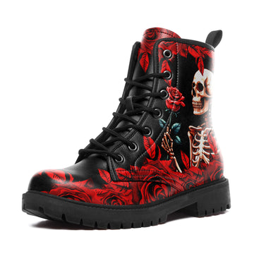 Gothic Skeleton Holding Red Rose Combat Boots - Dark Romance Floral Shoes BOOTS-24023007-5