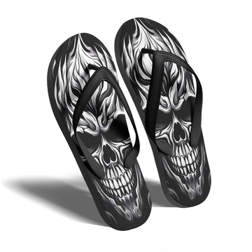 Toponepod Black Flame Skull Flip Flops | Custom Gothic Sandals with Grinning Demon Skull Art in Black & White For Men and Women | FN058-25023046-5