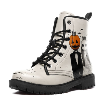 Pumpkin King & Ghost Bride Combat Boots - White Halloween Wedding Shoes 058-6-25009051-2