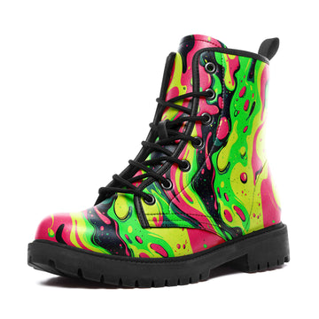 Neon Green & Pink Slime Drip Combat Boots - Psychedelic Melt Shoes 058-6-25009075-7