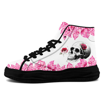 White Chunky Platform High-Top Sneakers with Pink Floral Skull Artwork - FN039A-26006303-8b