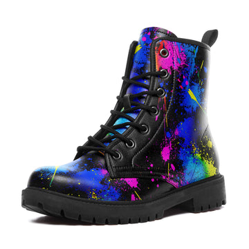 Neon Paint Splatter Art Combat Boots - Colorful Abstract Drip Shoes 058-6-25009075-9
