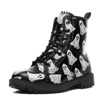 Black & White Classic Sheet Ghost Pattern Combat Boots - Spooky Halloween Shoes 058-6-25009051-6