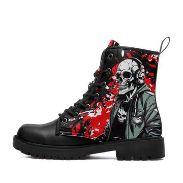 Skeleton with Headphones & Red Splatter Combat Boots - Gamer DJ Music Shoes BOOTS-24027005