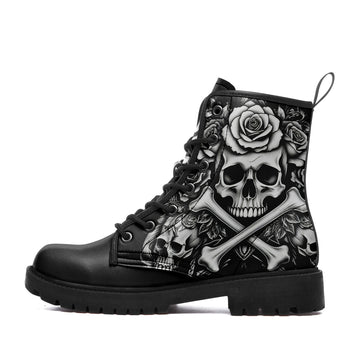 Gothic Skull & Crossbones Rose Combat Boots - Monochrome Tattoo Art Shoes BOOTS-25027041-2