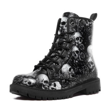 Black & White Skull and Roses All-Over Print Combat Boots - Monochrome Gothic Shoes 058-6-25009073-9