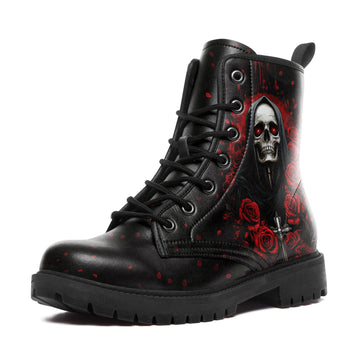 Grim Reaper with Crucifix & Red Roses Combat Boots - Gothic Horror Shoes 058-6-25009073-4