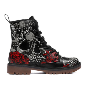 Skull and Red Rose Combat Boots, Black Vegan Leather 8-Eyelet Lug Sole Boots - 058-023082102