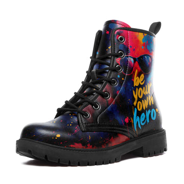 Be Your Own Hero Paint Splatter Combat Boots - Motivational Quote Shoes 058-6-25009075-8