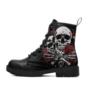 Skull & Crossed Skeletal Hands Combat Boots - Red Rose Tattoo Art Shoes BOOTS-24023001-4