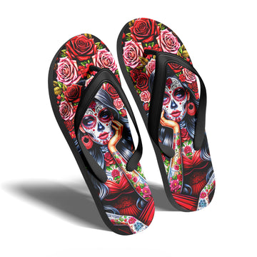 Toponepod Sugar Skull Lady Flip Flops | Colorful Da de los Muertos Sandals with Tattooed Catrina & Roses | FN058-25023046-2