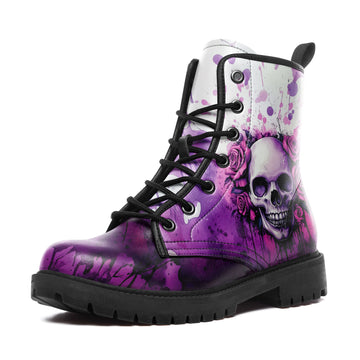 Purple Watercolor Skull & Roses Combat Boots - Artistic Splatter Shoes 058-6-25009073-10