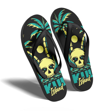 Toponepod Skull Sea beach Flip Flops | Tropical Pirate Beach Sandals with Palm Trees & Sunset Skull Art | FN058-25023046-1