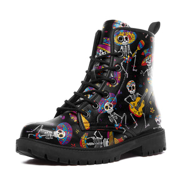 Dancing Skeleton Mariachi Band Combat Boots - Mexican Fiesta Music Shoes 058-6-25009040-4
