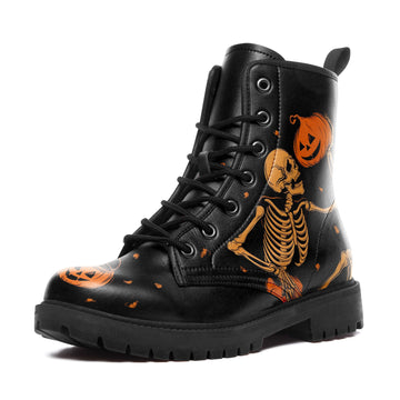 Retro Dancing Skeleton & Pumpkin Head Combat Boots - Vintage Halloween Shoes 058-6-25009051-9